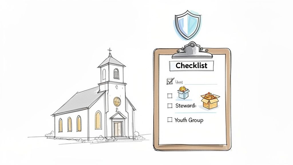 Illustration of a church building, a checklist with 'Lent' checked, and a protective shield icon.