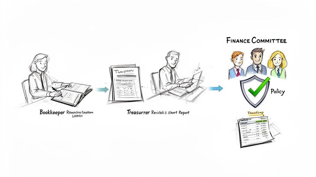 A financial workflow depicting a bookkeeper, treasurer reviewing reports, and a finance committee approving policy.