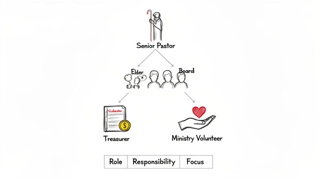 An organizational chart depicting church leadership roles including Senior Pastor, Elder, Board, Treasurer, and Ministry Volunteer.
