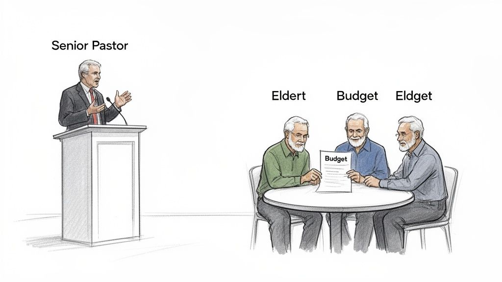 A senior pastor speaks at a podium while three church elders review a budget document at a table.