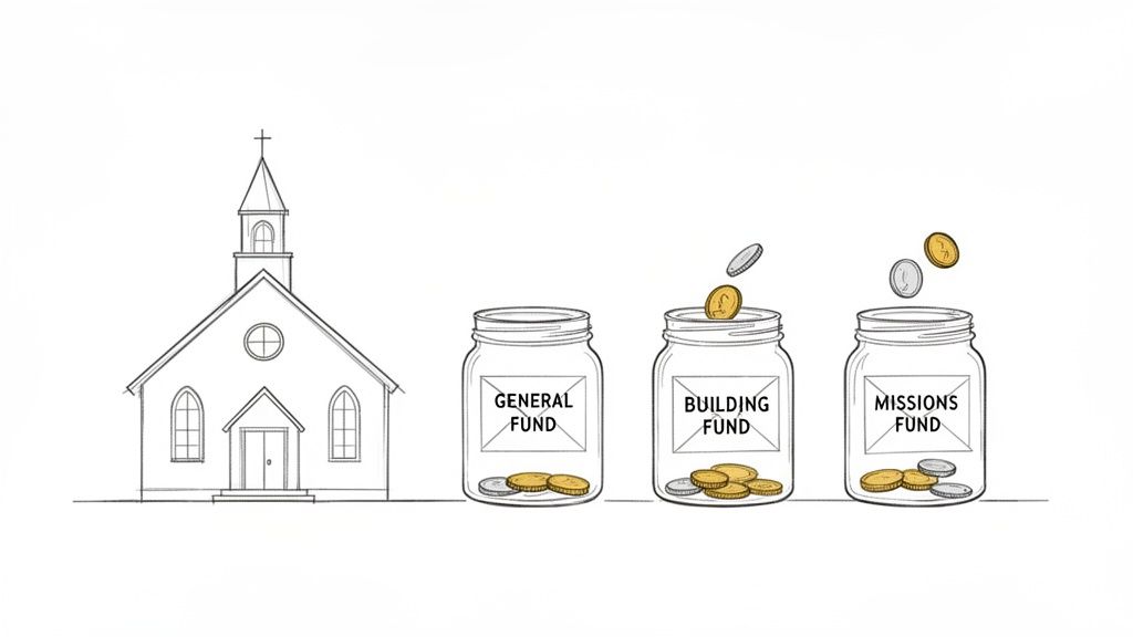 A line drawing of a church next to three collection jars for general, building, and missions funds.