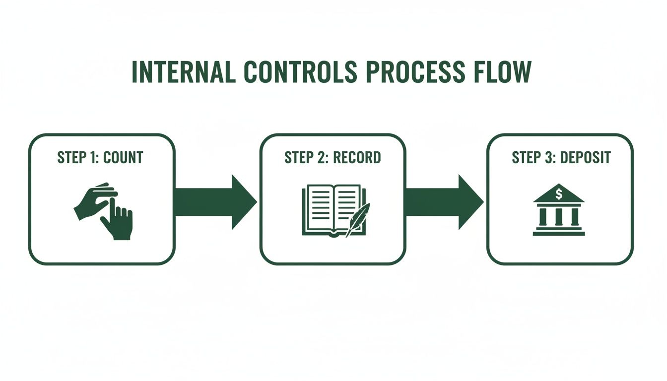 Flowchart illustrating internal controls process: Step 1 Count, Step 2 Record, Step 3 Deposit.
