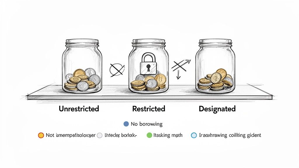 Three labeled jars, Unrestricted, Restricted, and Designated, representing different financial funds.