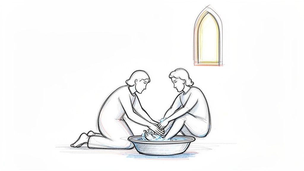 An illustration showing one person kneeling to wash the feet of another person seated, a biblical act of humility and service.