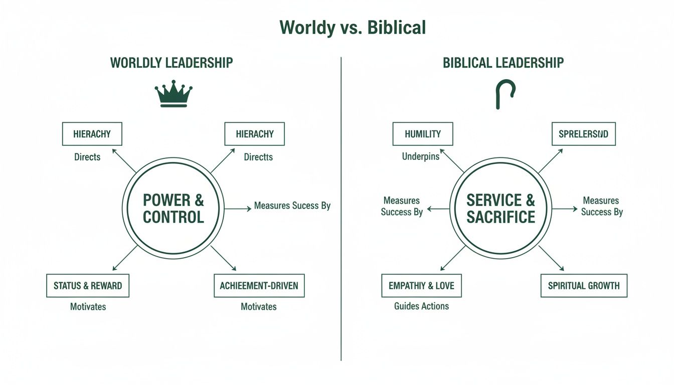 Diagram comparing worldly leadership (power and control) with biblical leadership (service and sacrifice).