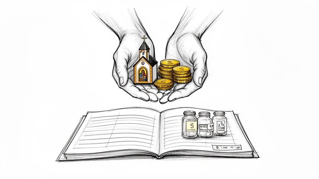 Hands holding a church and coins above an open ledger with labeled jars, symbolizing giving.