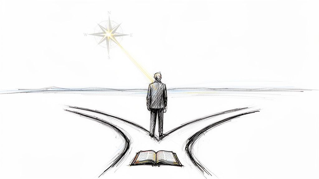 A person stands at a crossroads, illuminated by a compass star, with an open book on the ground.