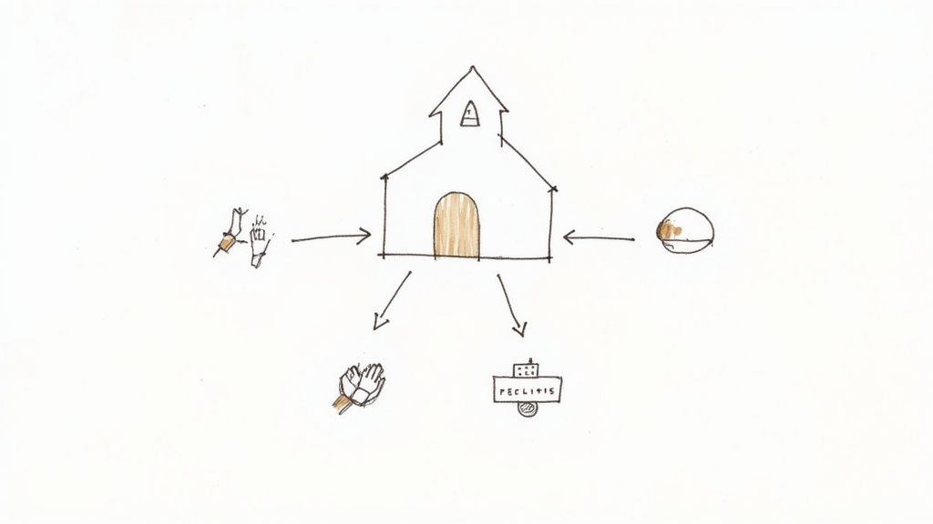 Hand-drawn diagram showing a church and arrows representing incoming contributions and outgoing resources.