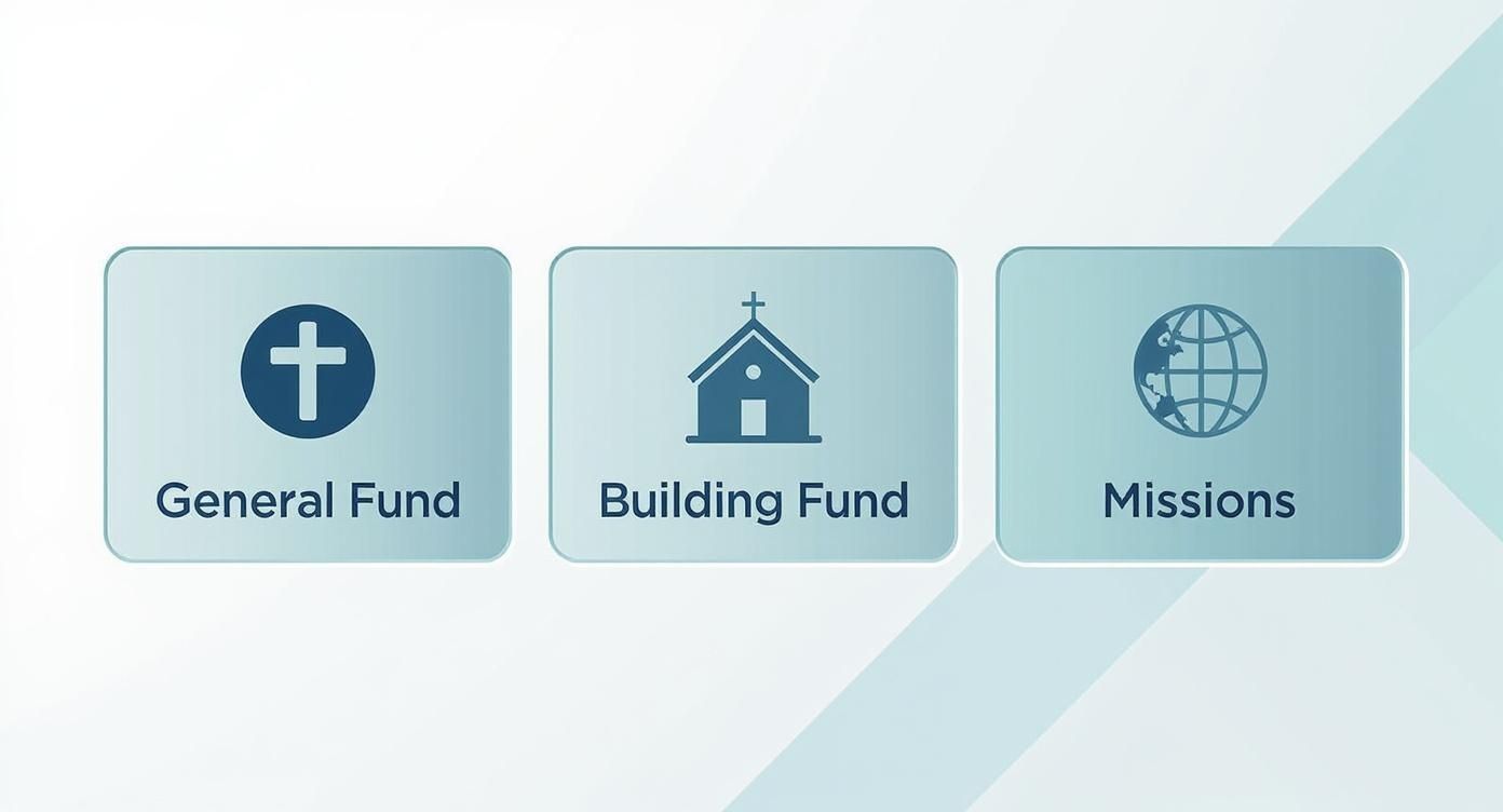 Three church giving options: General Fund, Building Fund, and Missions, each with a relevant icon.