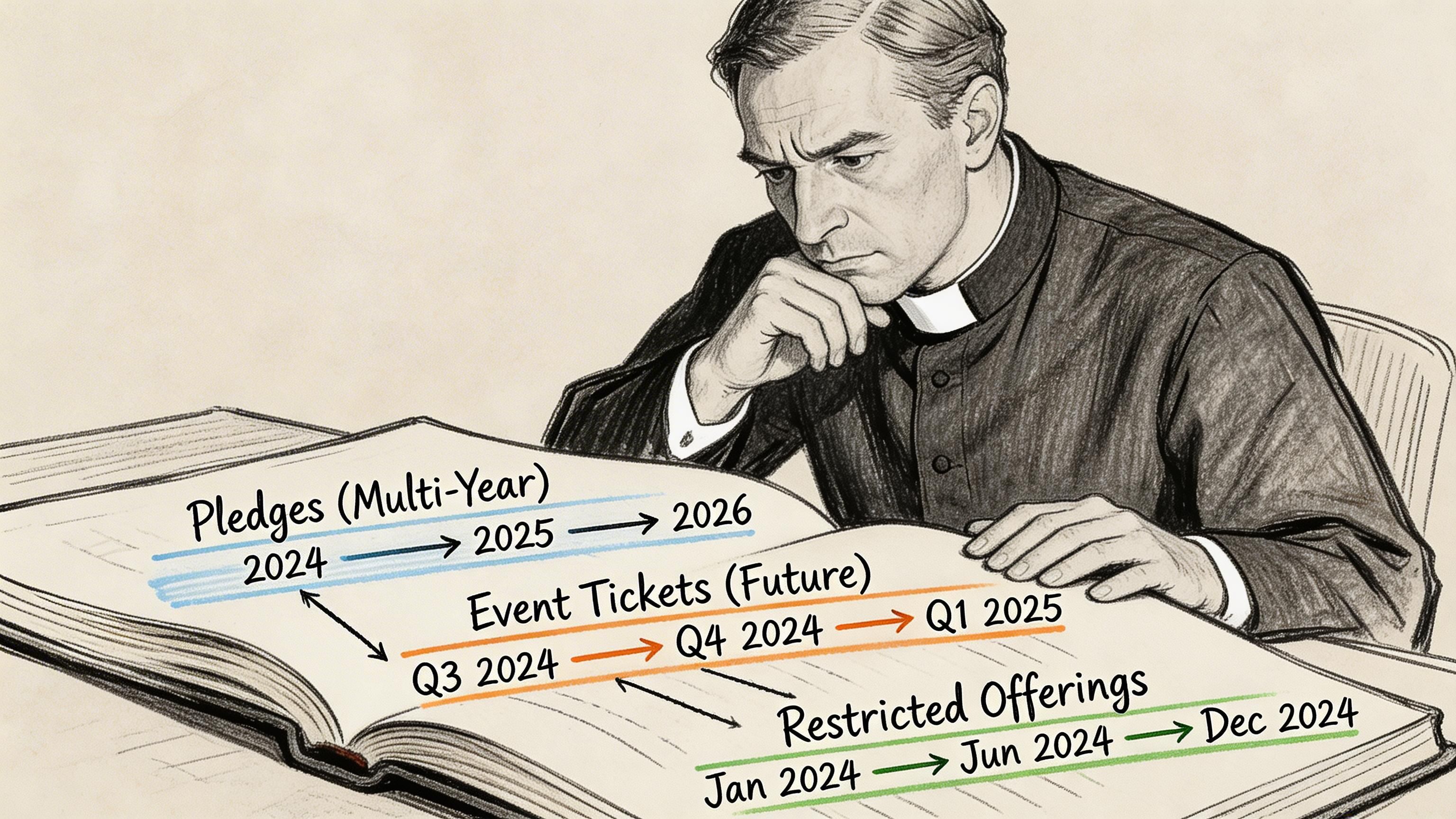 A detailed drawing of a priest reviewing a book illustrating accounting for deferred revenue timelines.