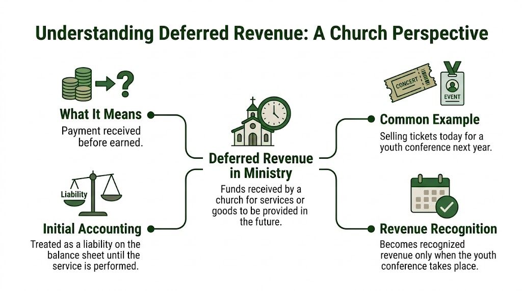 An infographic explaining deferred revenue in a church setting with accounting definitions and examples.