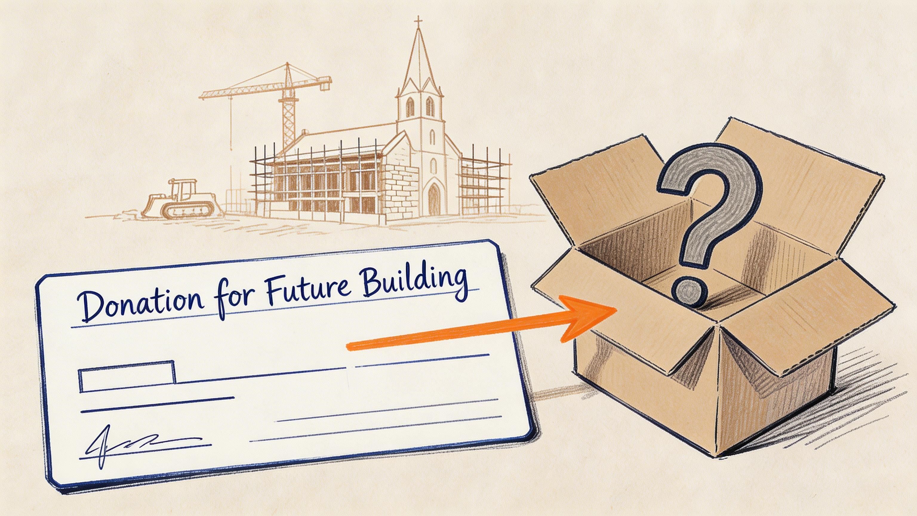 A conceptual drawing showing a donation check for a future building pointing toward a mysterious empty box.