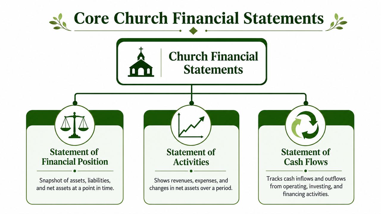 A diagram illustrating the three core church financial statements, including their definitions and primary functions.