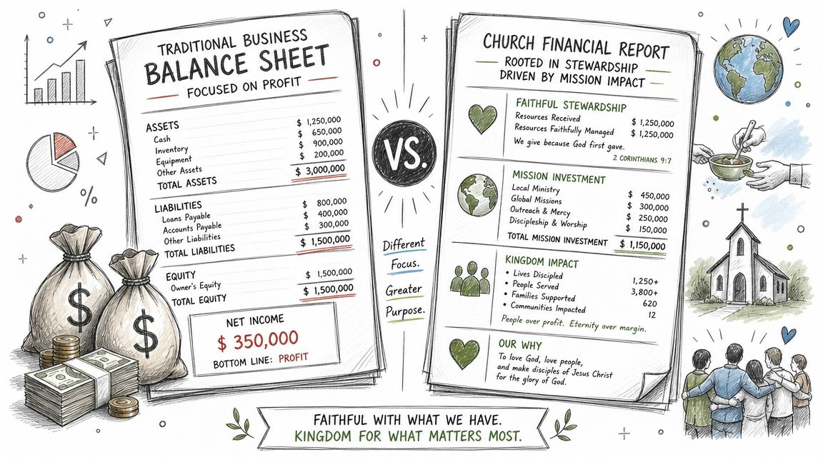 A comparative infographic showing the differences between a traditional business balance sheet and a mission-driven church financial report.