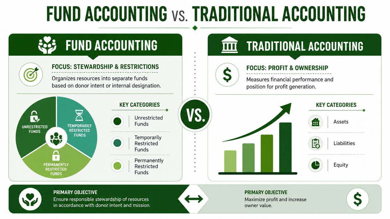 A comparison infographic showing the key differences between fund accounting for nonprofits and traditional for-profit accounting.