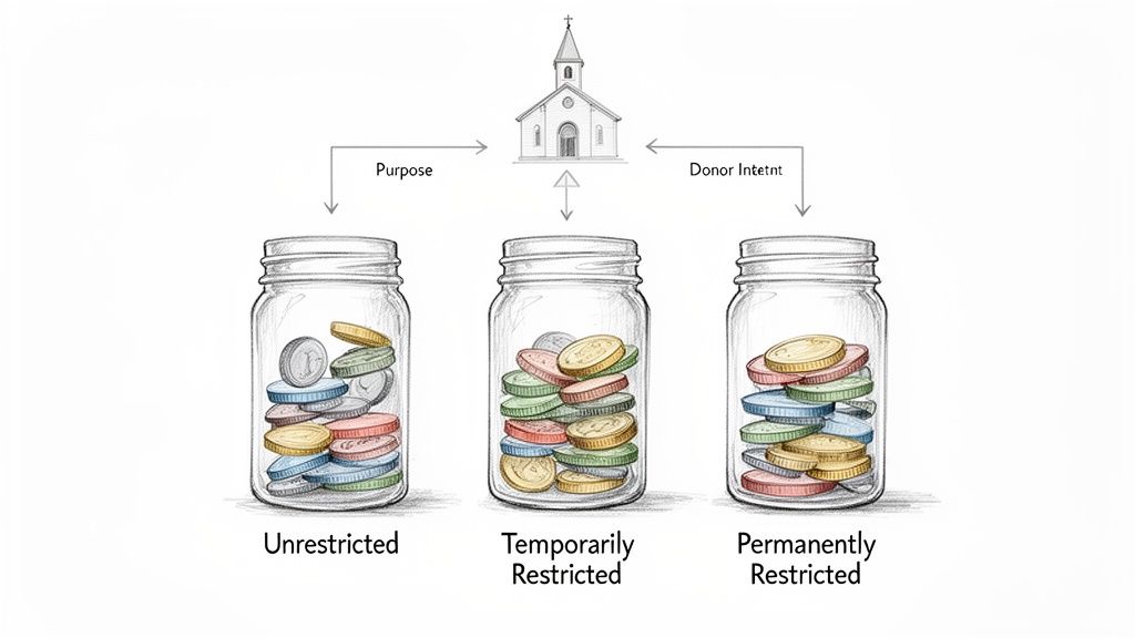Illustration of three jars of coins representing unrestricted, temporarily, and permanently restricted funds for a church, showing donor intent and purpose.