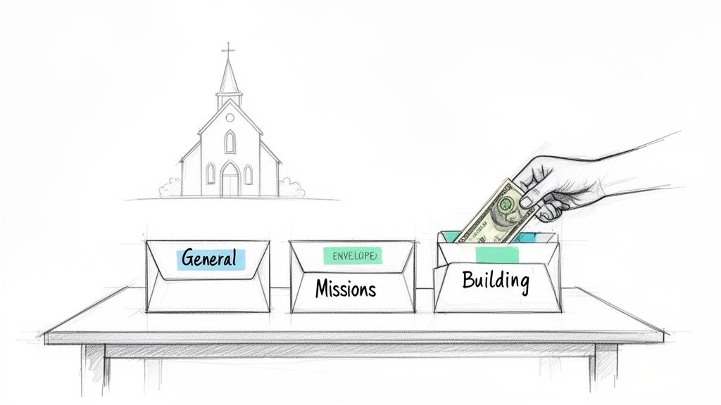 A hand places a dollar bill into a 'Building' envelope, alongside 'General' and 'Missions' envelopes for church donations.