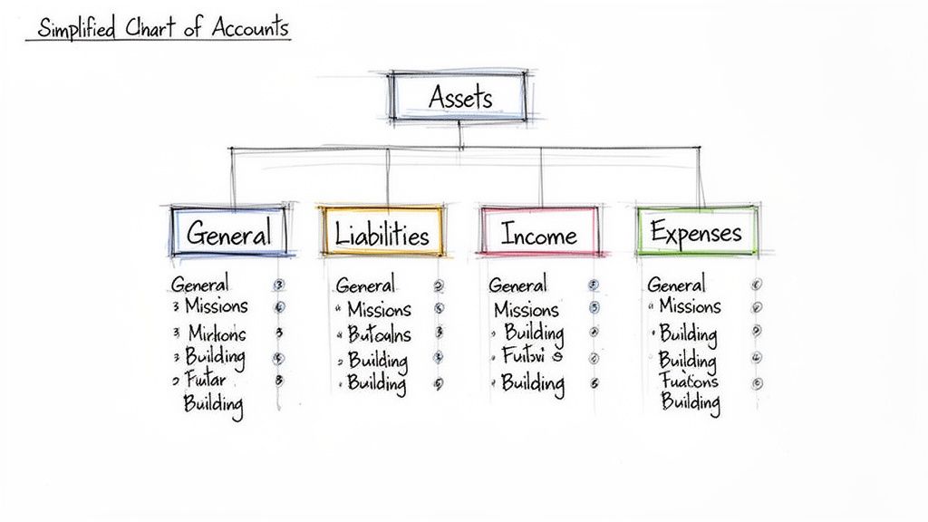 Hand-drawn simplified chart of accounts illustrating categories like assets, liabilities, income, and expenses.
