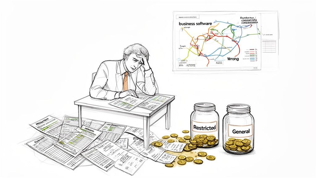 Stressed man at a desk with piles of papers, a complex business software map, and jars of restricted and general funds.