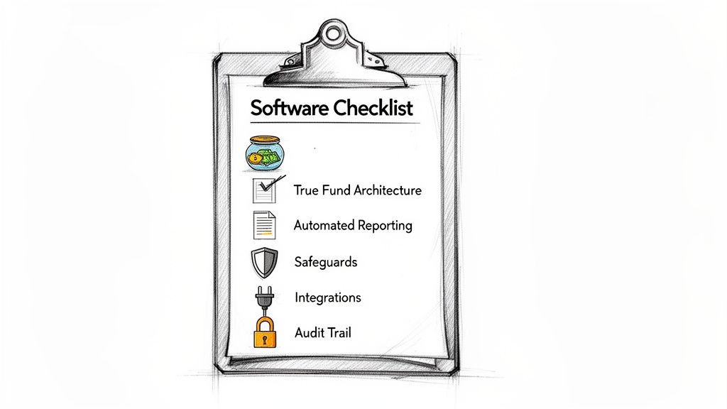 A clipboard with a 'Software Checklist' listing true fund architecture, automated reporting, safeguards, integrations, and audit trail.