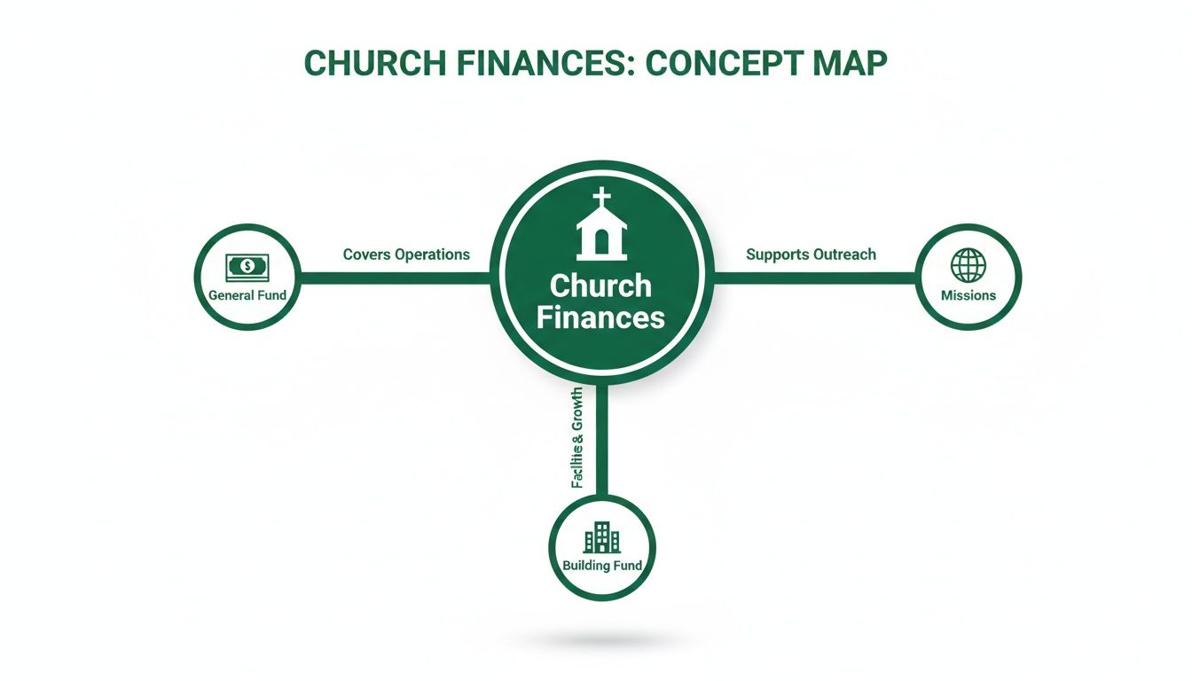 A concept map of church finances illustrating funds covering operations, supporting outreach, and facilitating growth.