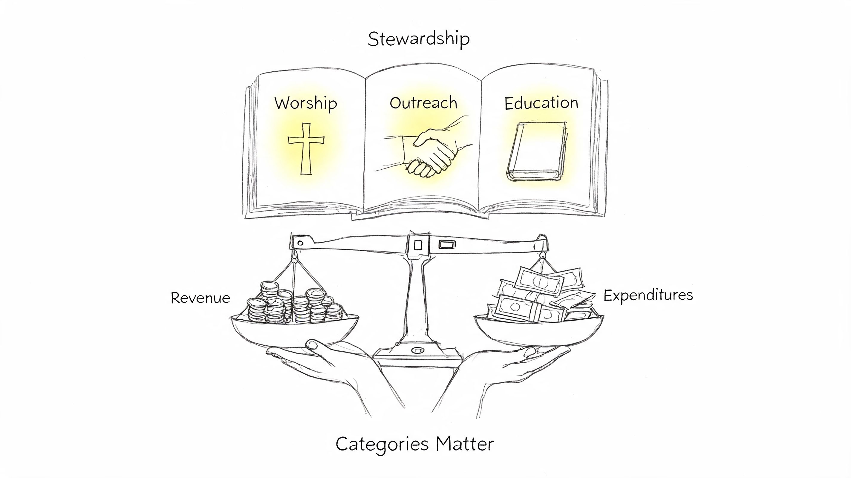 A conceptual drawing of church stewardship showing an open book, a balanced scale with coins and cash.