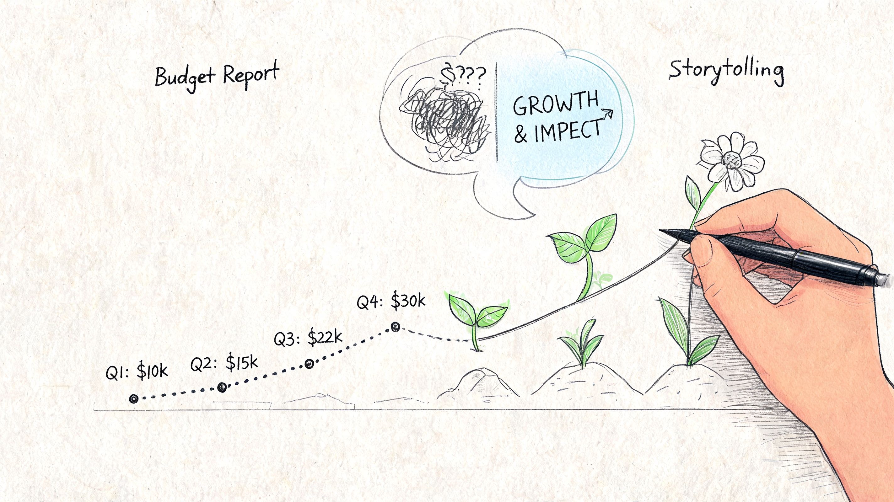 A hand-drawn illustration depicting the transformation of budget reports into growth through strategic storytelling.
