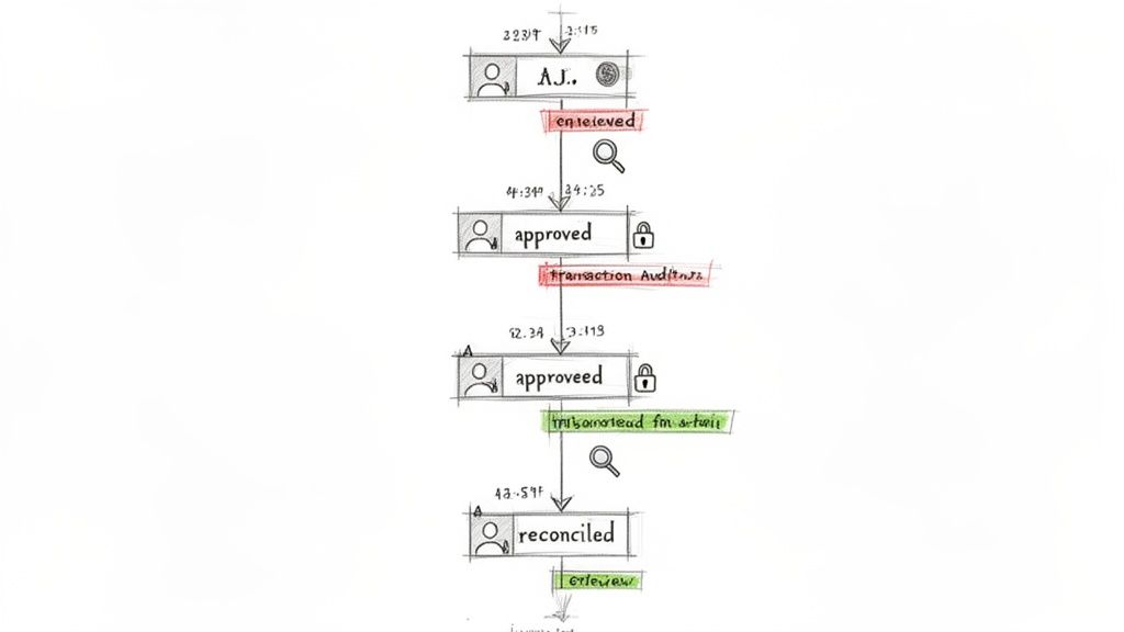 A hand-drawn workflow diagram shows financial transaction steps: entered, approved, and reconciled with audit details.