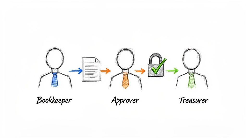 A sketched diagram illustrating a financial approval process with a bookkeeper, document, approver, and treasurer.