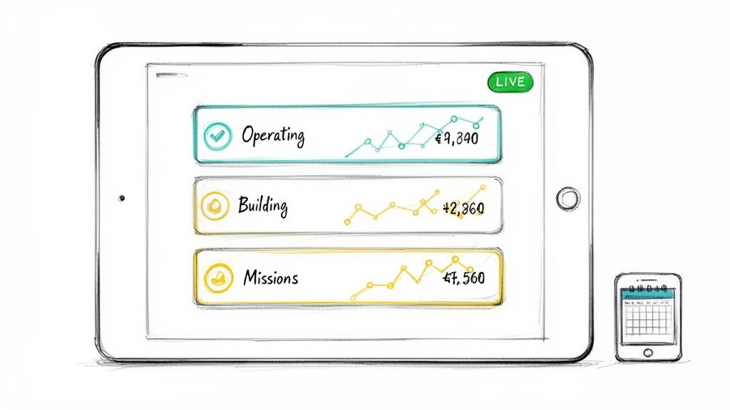 Hand-drawn sketch of a tablet displaying live financial data trends for operating, building, and missions.