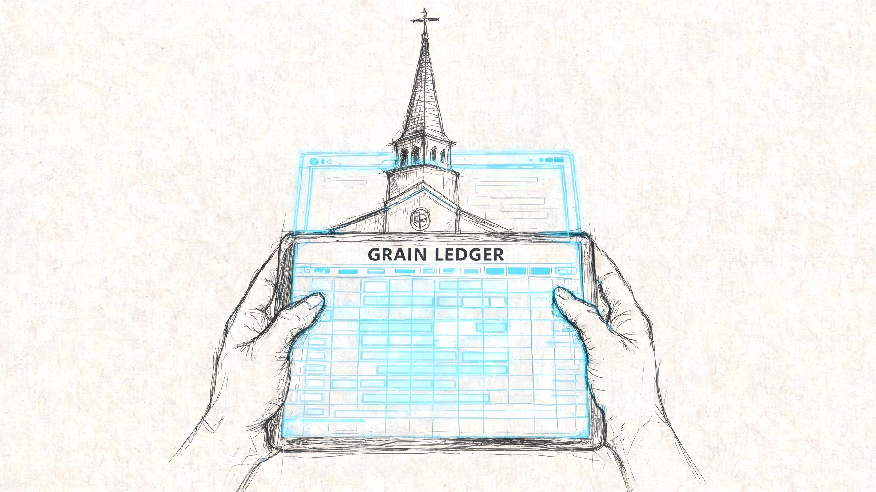 A digital tablet showing a grain ledger interface with a sketch of a church steeple on top.