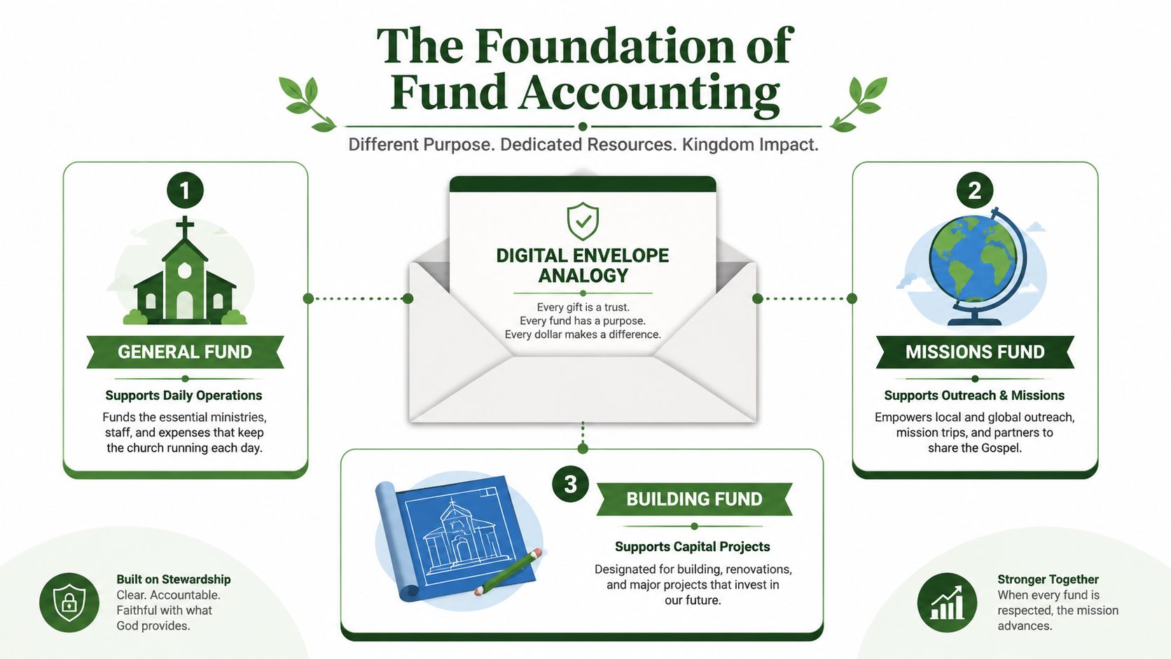 An infographic explaining the foundation of fund accounting using digital envelopes, general, missions, and building funds.