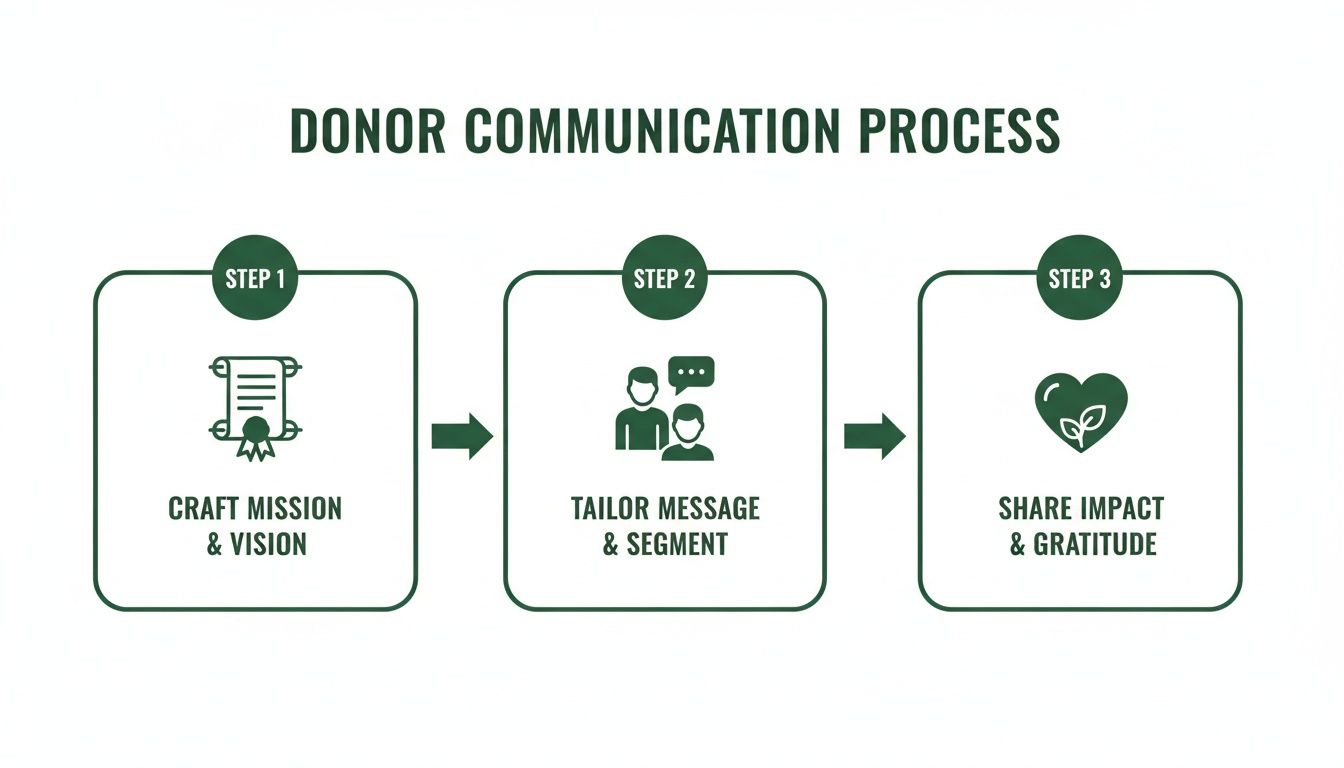 Flowchart illustrating the three-step donor communication process: craft mission, tailor message, share impact.
