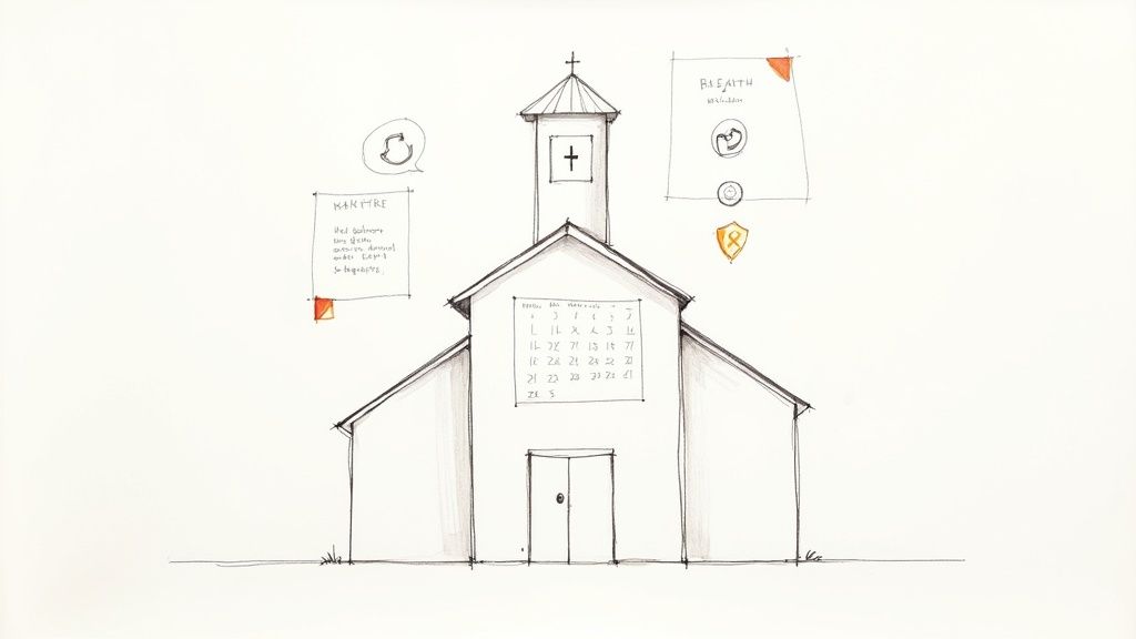 A church administrator working in a well-organized office, managing communications and facility schedules.