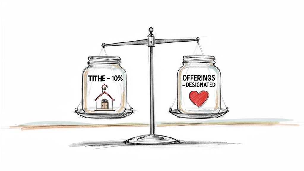 A scale balances two jars: one for tithe (church), the other for offerings (heart).