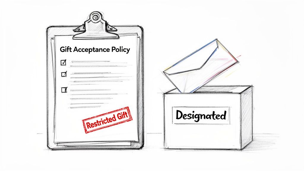 A sketch illustrating a 'Gift Acceptance Policy' on a clipboard and a 'Designated' fund box with an envelope.