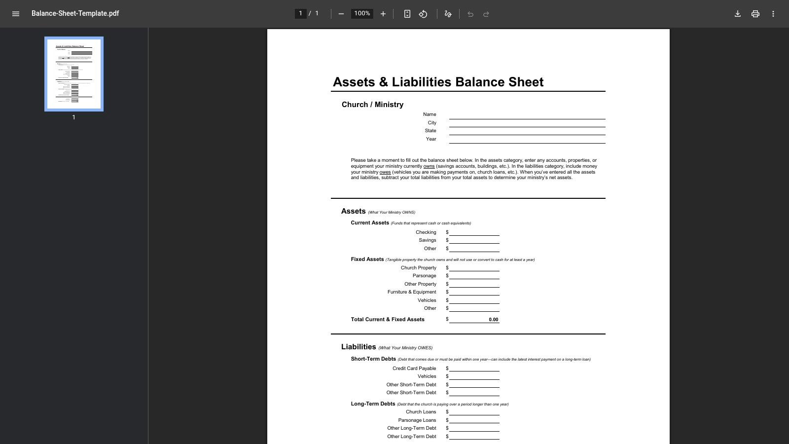 Church Extension Plan (CEP), Church/Ministry Assets & Liabilities Balance Sheet (PDF form)