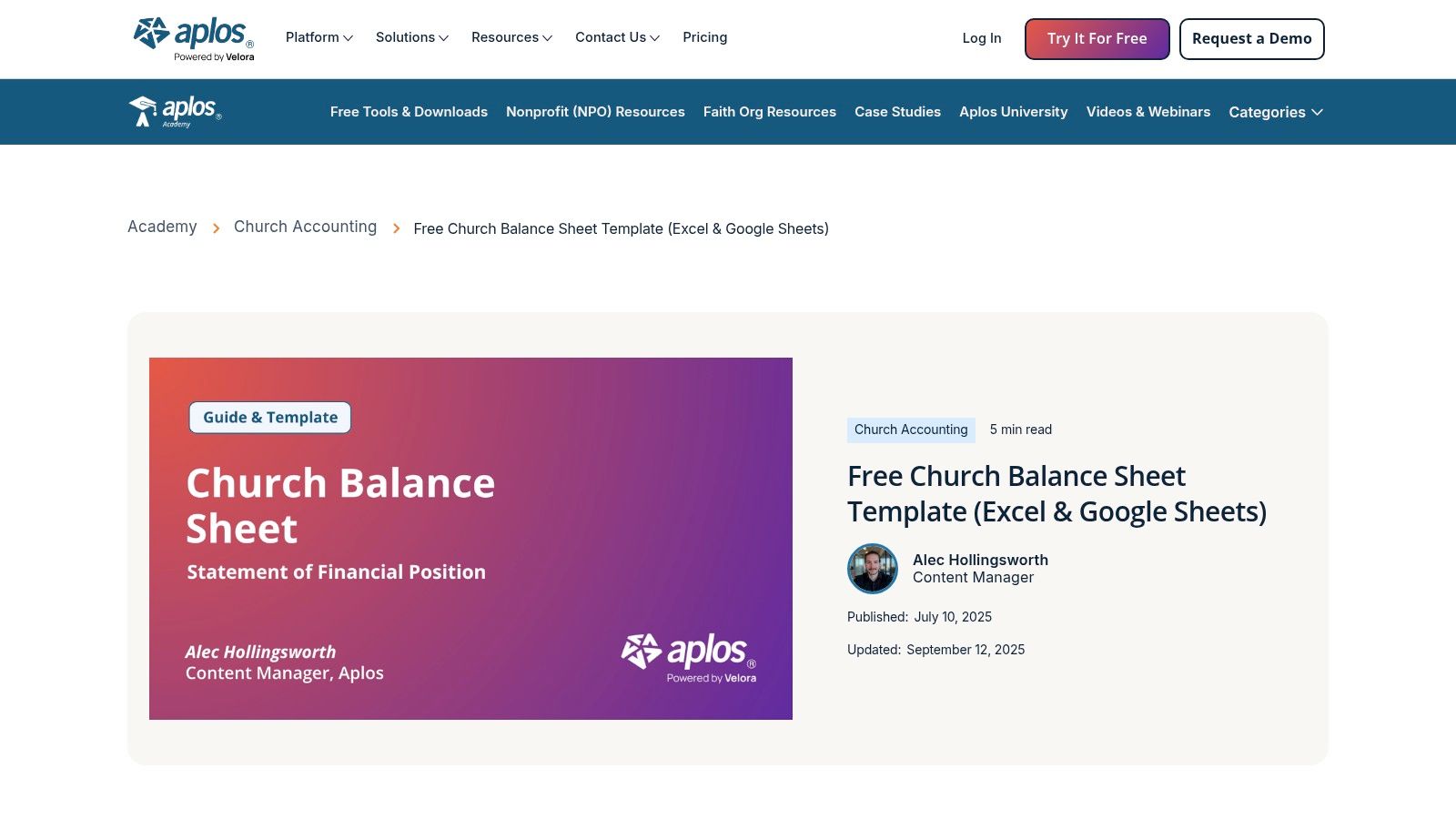 Aplos, Free Church Balance Sheet Template (Excel & Google Sheets)