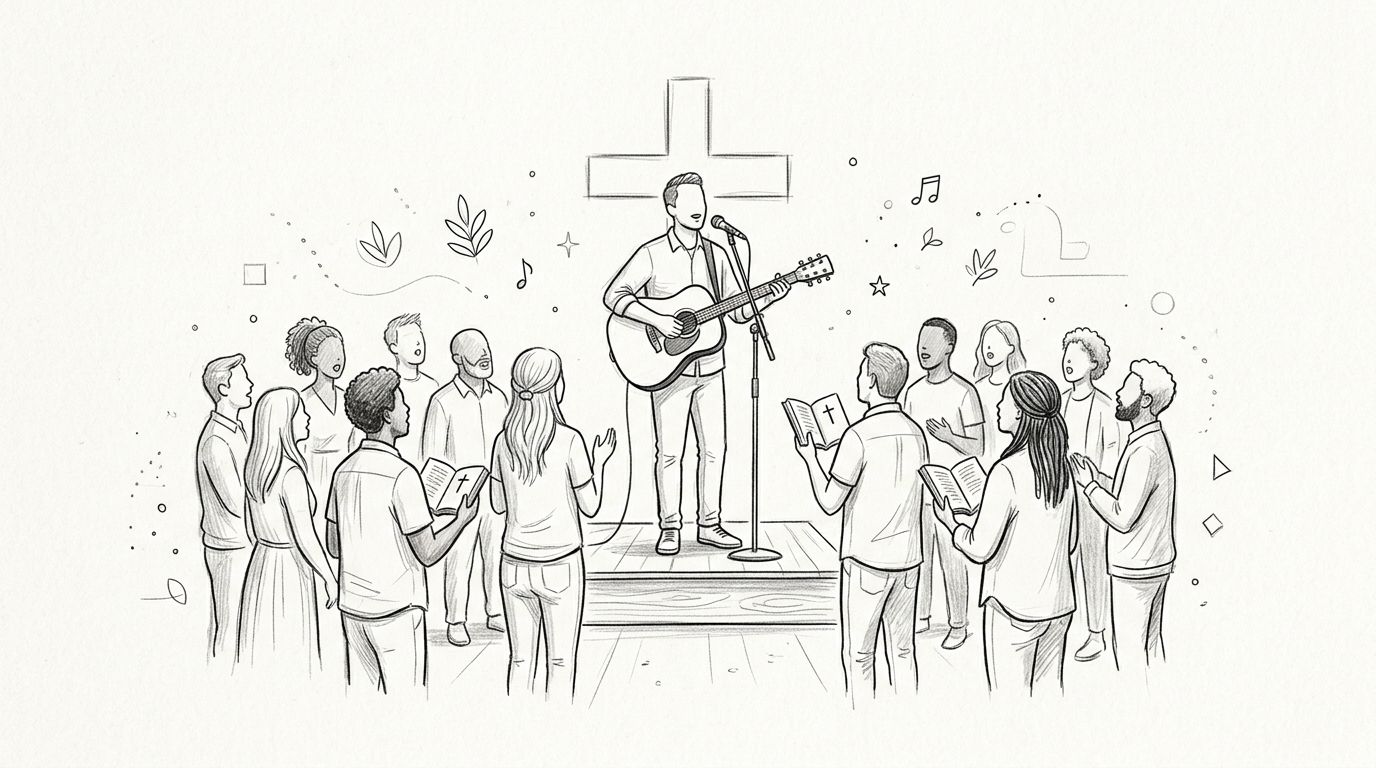 A line art illustration of a man playing guitar and singing on a stage before a congregation.