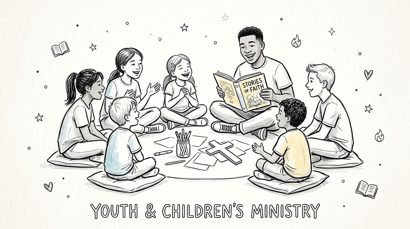 A diverse group of children and an adult mentor sitting in a circle listening to a story.