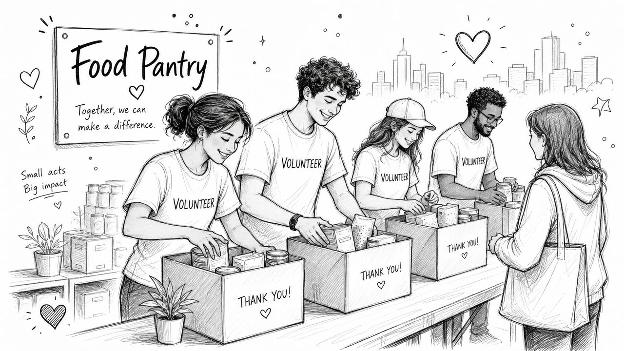 Diverse group of volunteers happily packing boxes of food at a local community food pantry.