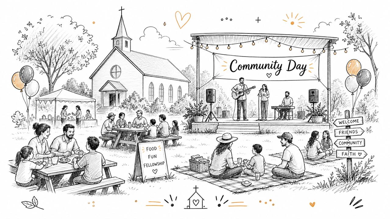 A sketched illustration of a joyful church community day event with families eating, socializing, and enjoying music.