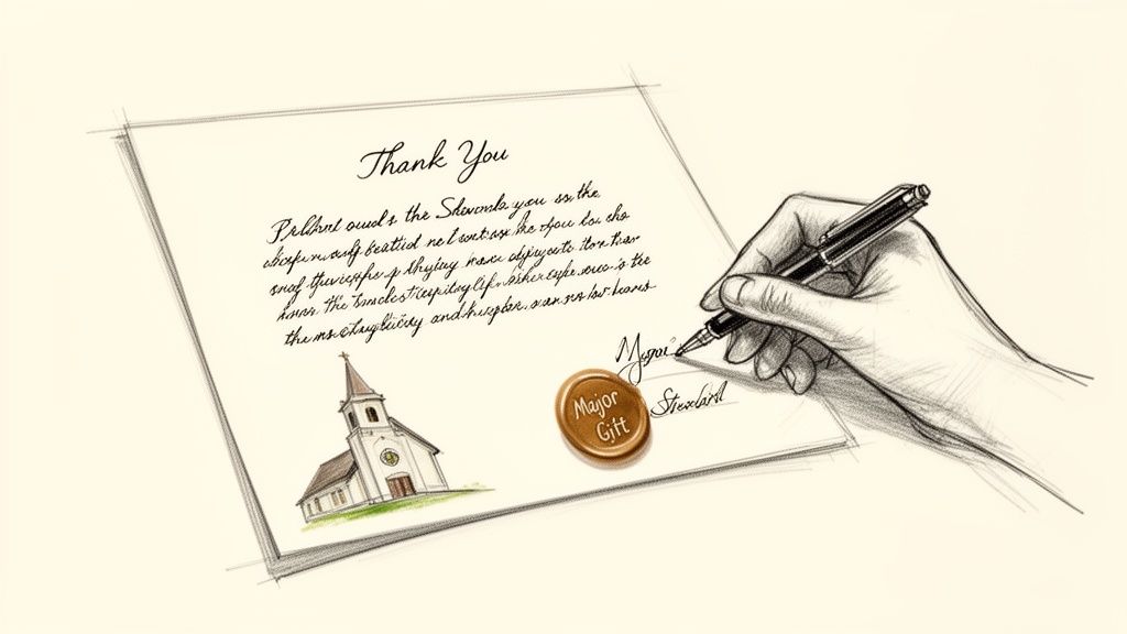 A hand writing on a thank you letter featuring a church and a 'Major Gift' seal.