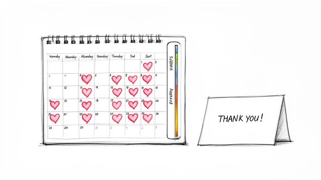 A hand-drawn calendar with red hearts on dates next to a 'THANK YOU!' card.
