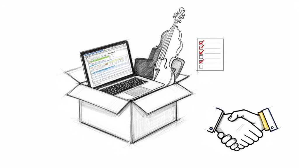 A detailed sketch showing a laptop, cello, and headphones in an open box, next to a completed checklist and a handshake.