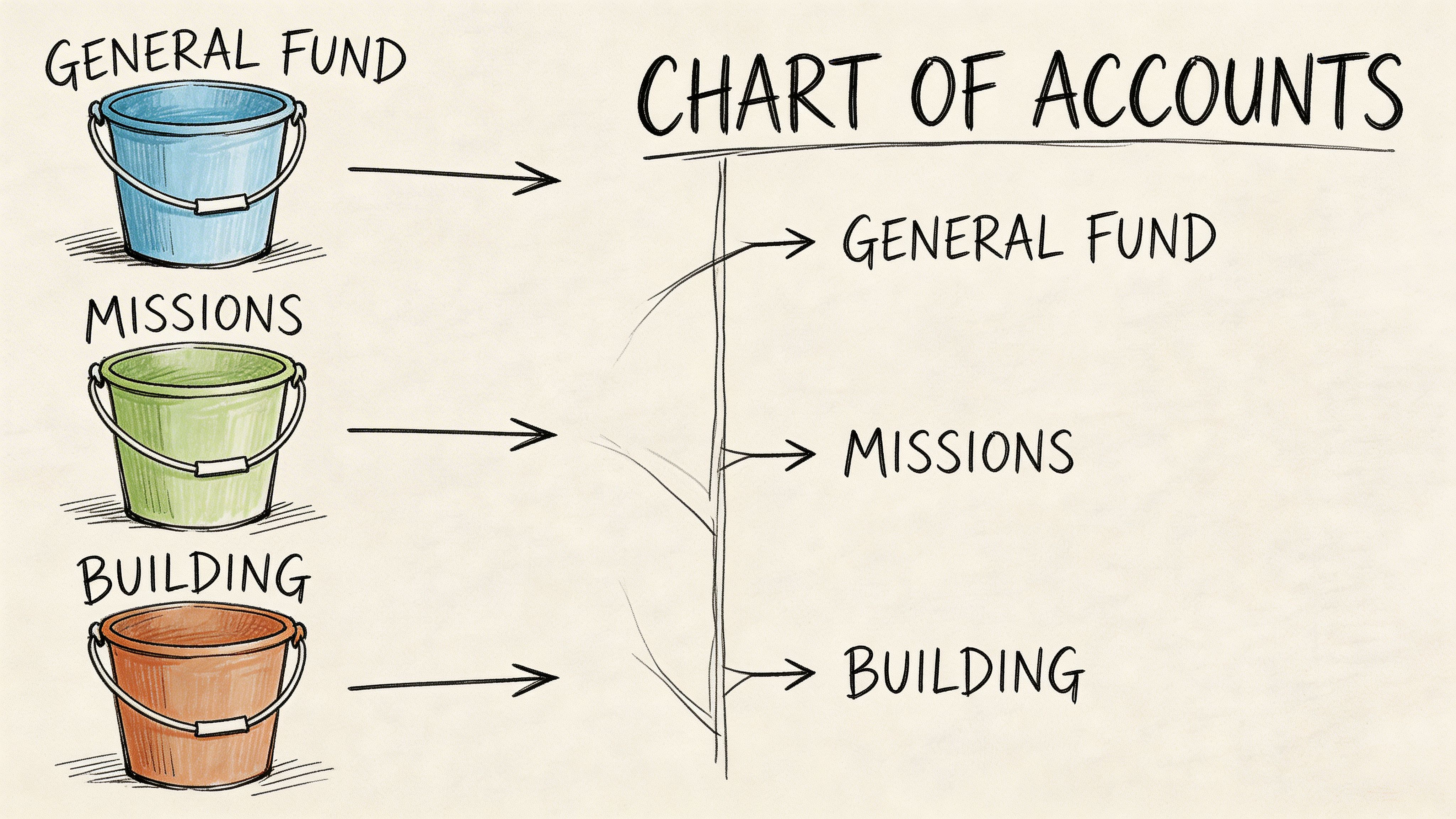A diagram illustrating fund accounting with buckets representing different financial categories mapped to a chart of accounts.