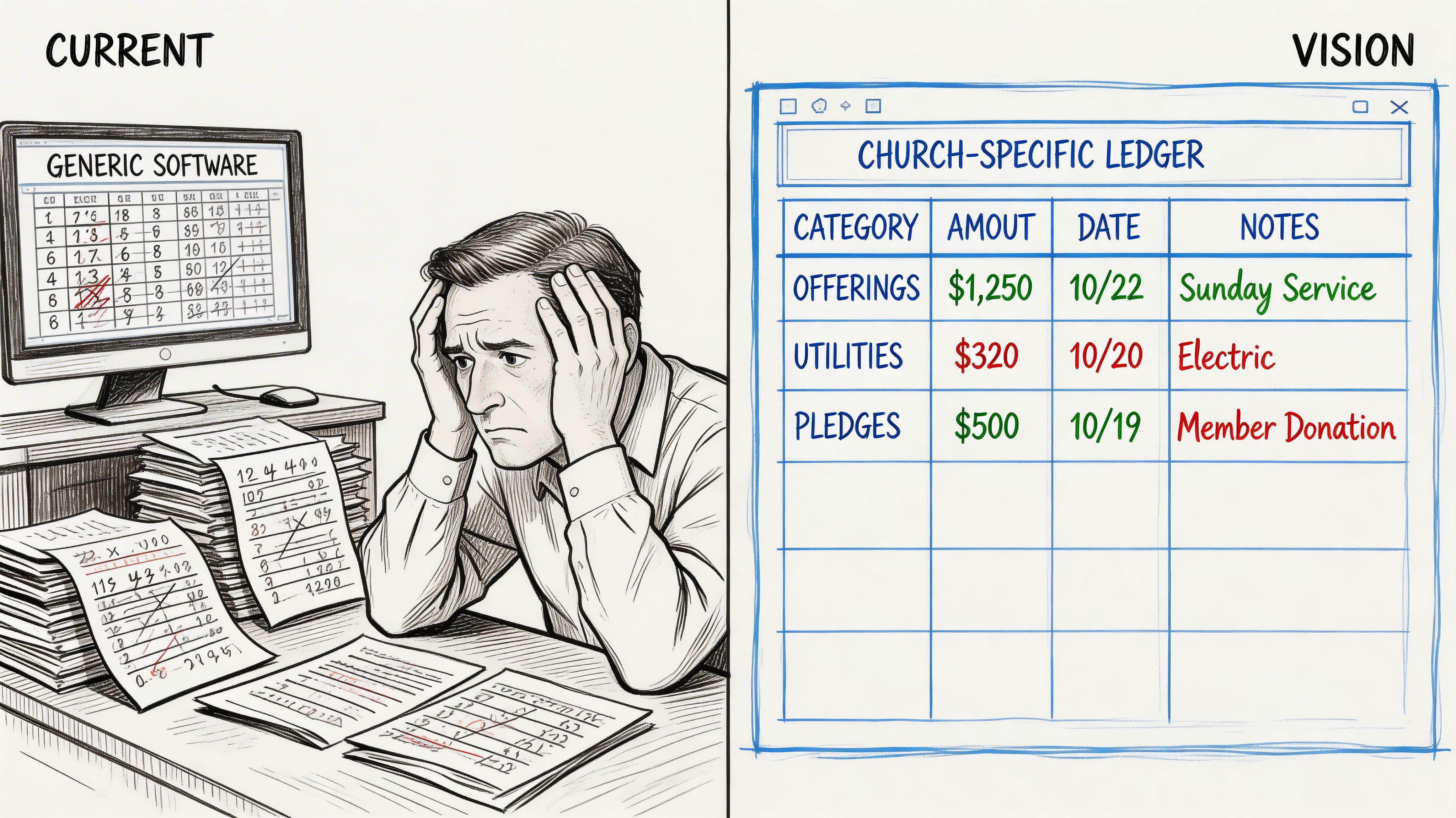 A split image showing a stressed person using complex software versus a simplified church ledger software interface.