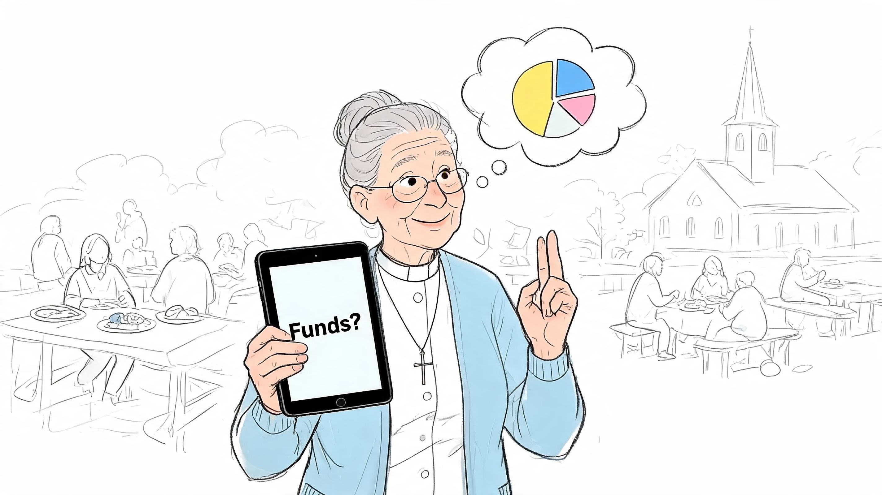 A kind elderly woman dressed as a clergy member holds an iPad with the text Funds?