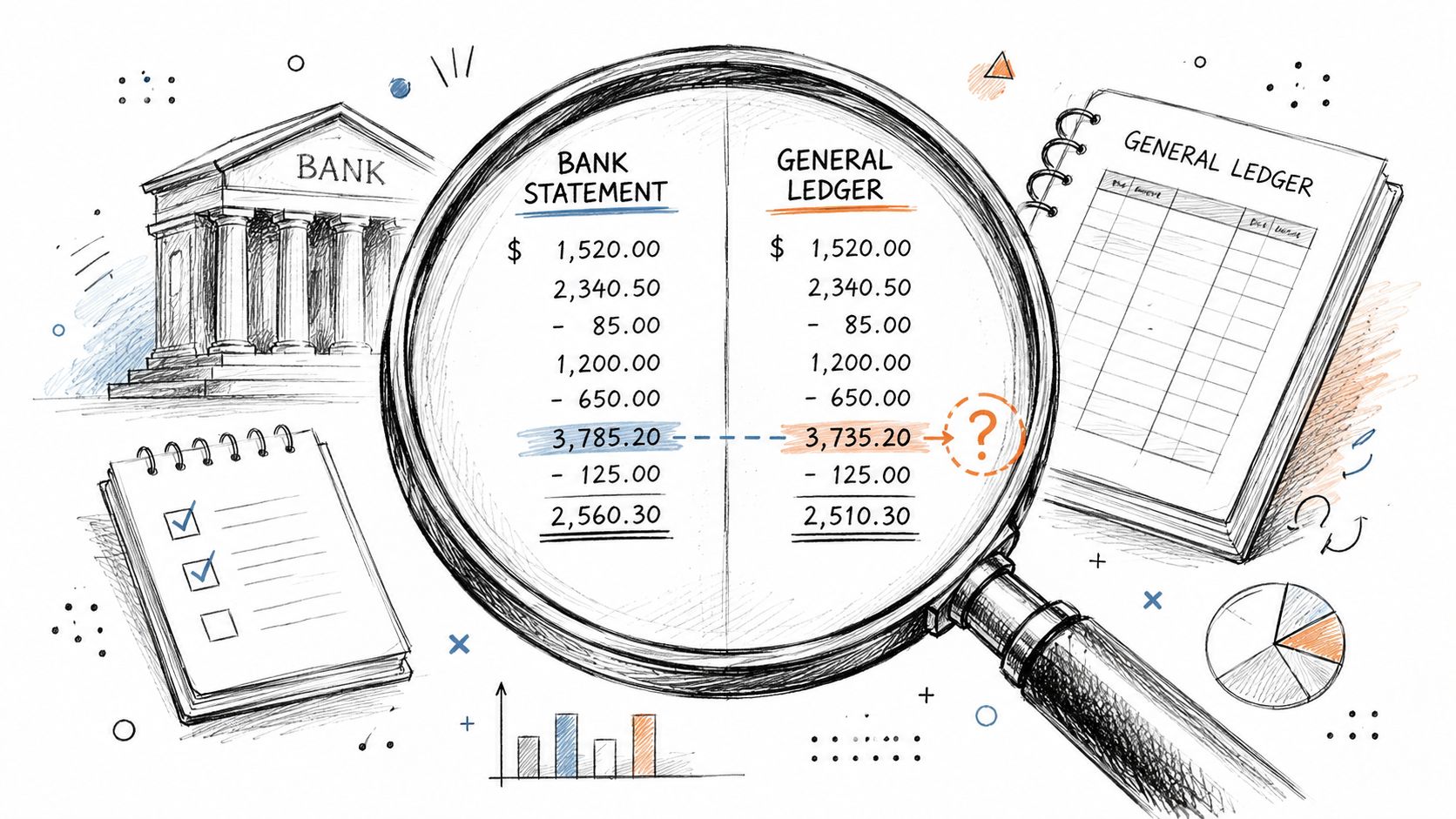 A magnifying glass inspecting the discrepancy between a bank statement and a general ledger.
