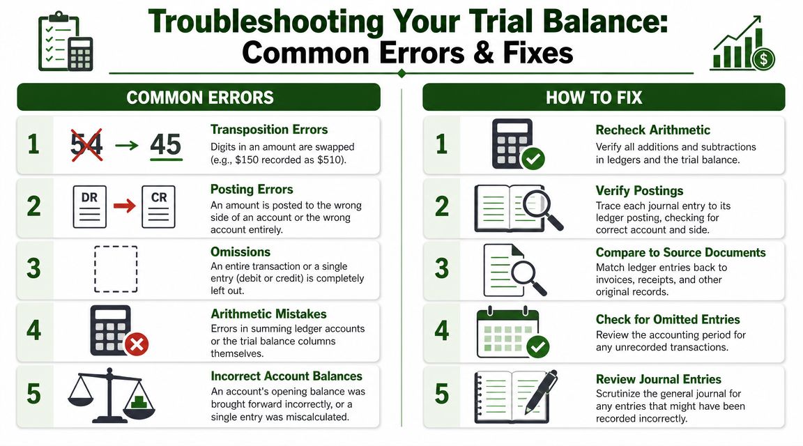 An infographic detailing five common accounting errors and five corresponding steps to fix a trial balance.